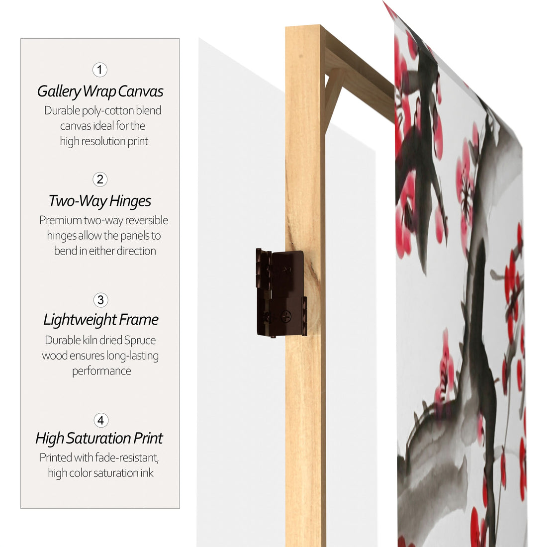 4 ft. Short Double Sided Plum Blossom Canvas Folding Screen