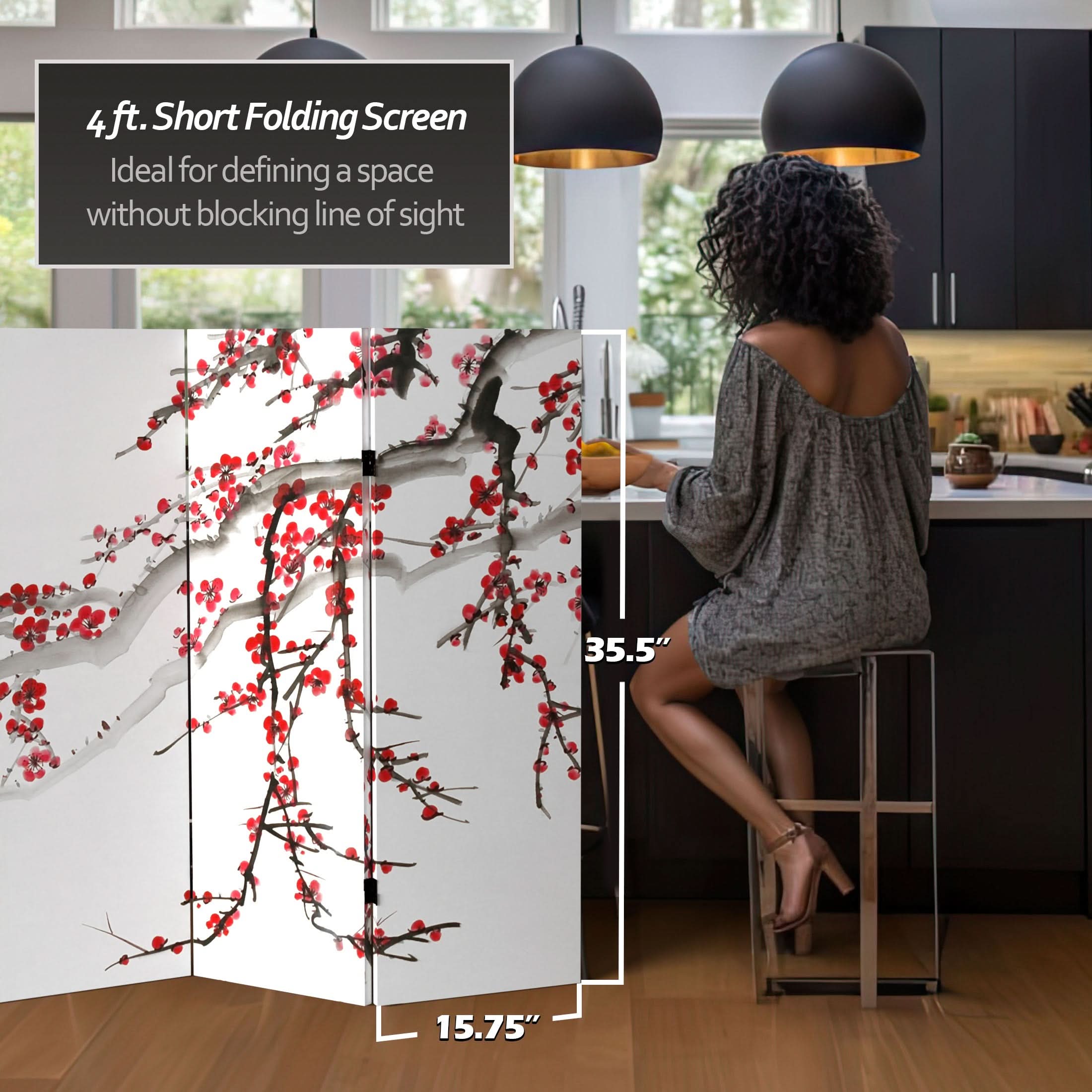 4 ft. Short Double Sided Plum Blossom Canvas Folding Screen