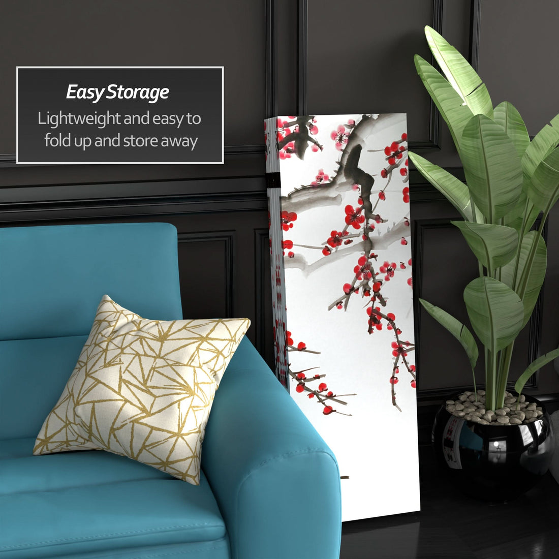 4 ft. Short Double Sided Plum Blossom Canvas Folding Screen