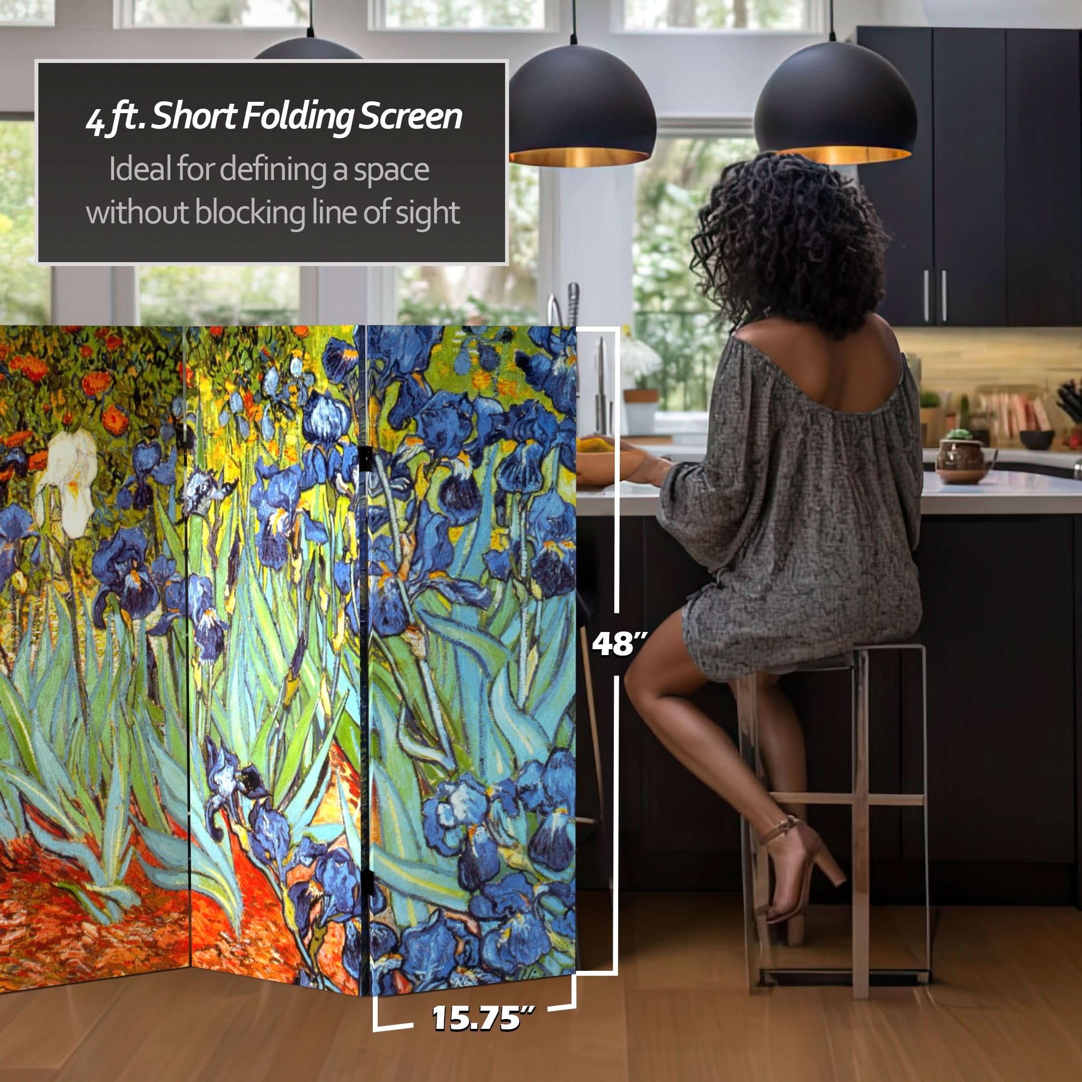 4 ft. Short Double Sided Works of Van Gogh Canvas Folding Screen - Irises/Starry Night Over Rhone