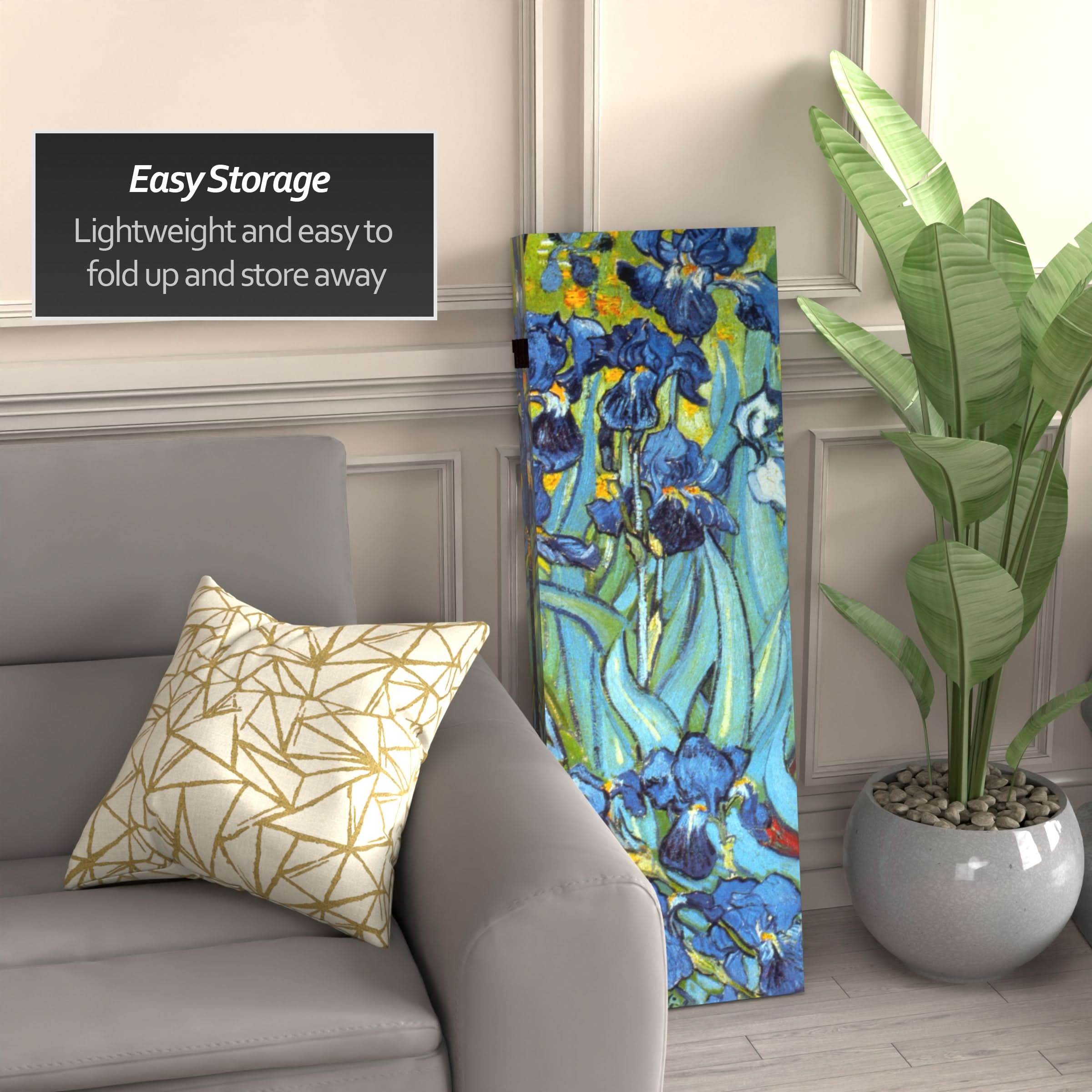 4 ft. Short Double Sided Works of Van Gogh Canvas Folding Screen - Irises/Starry Night Over Rhone
