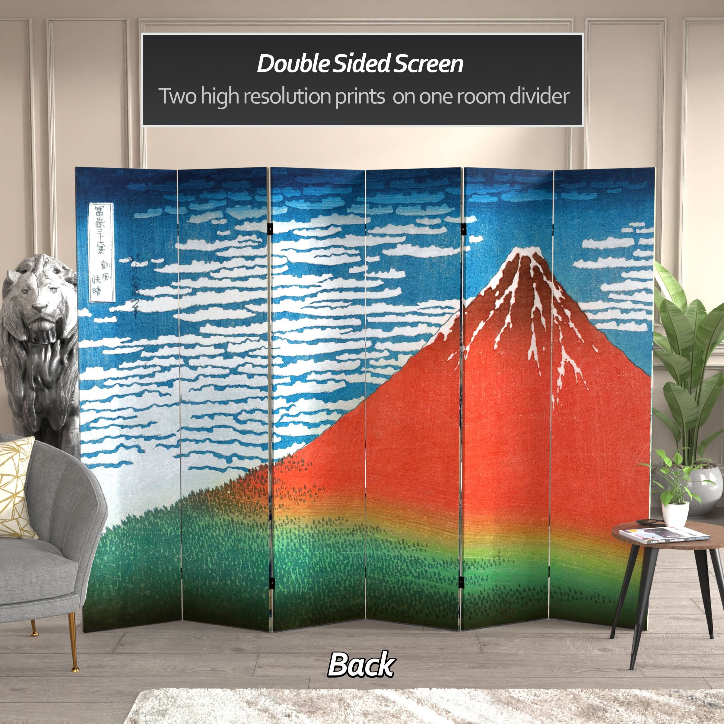 6 ft. Tall Double Sided Hokusai Room Divider - Great Wave/Red Fuji