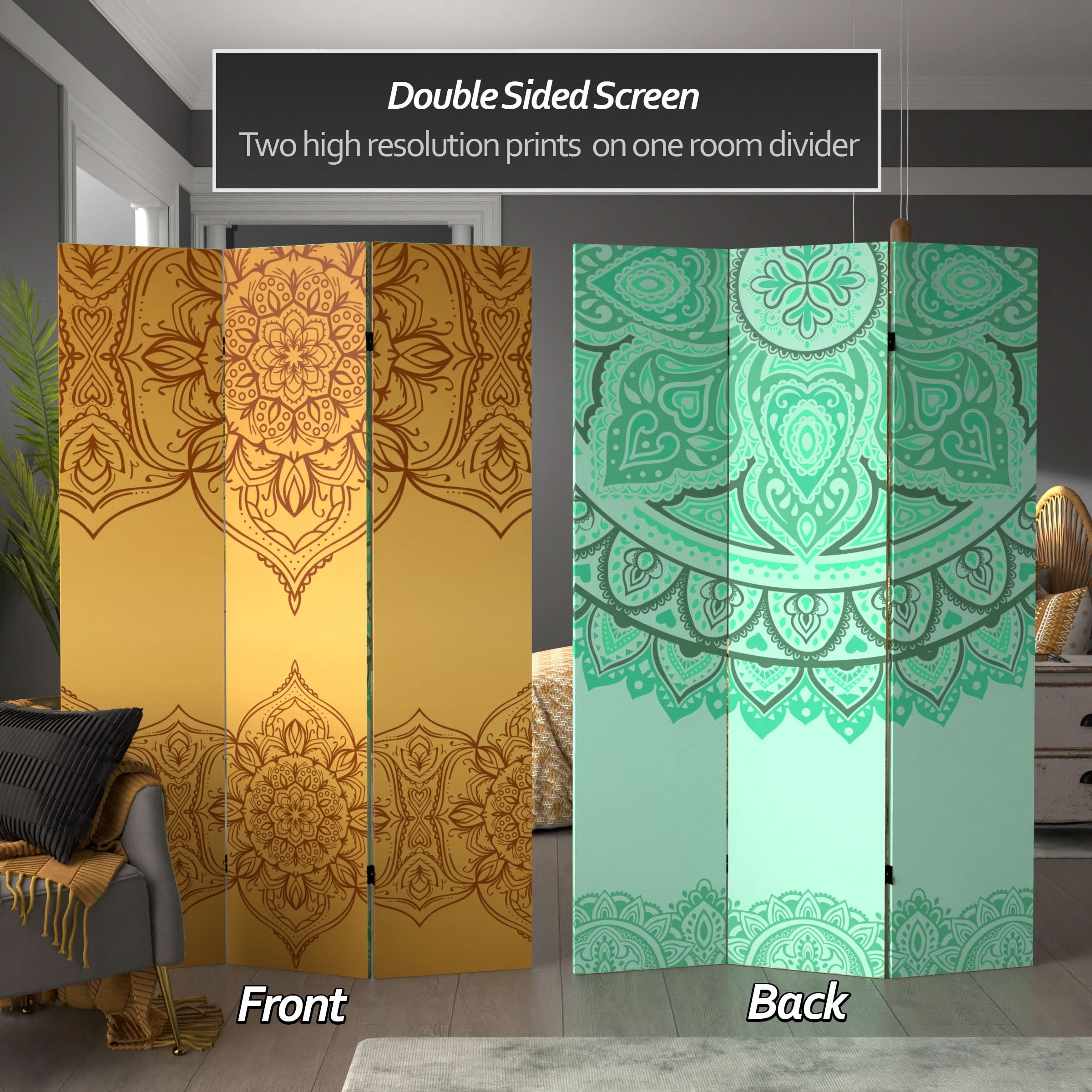 6 ft. Tall Double Sided Gold and Green Mandalas Canvas Room Divider