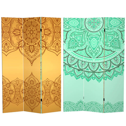 6 ft. Tall Double Sided Gold and Green Mandalas Canvas Room Divider