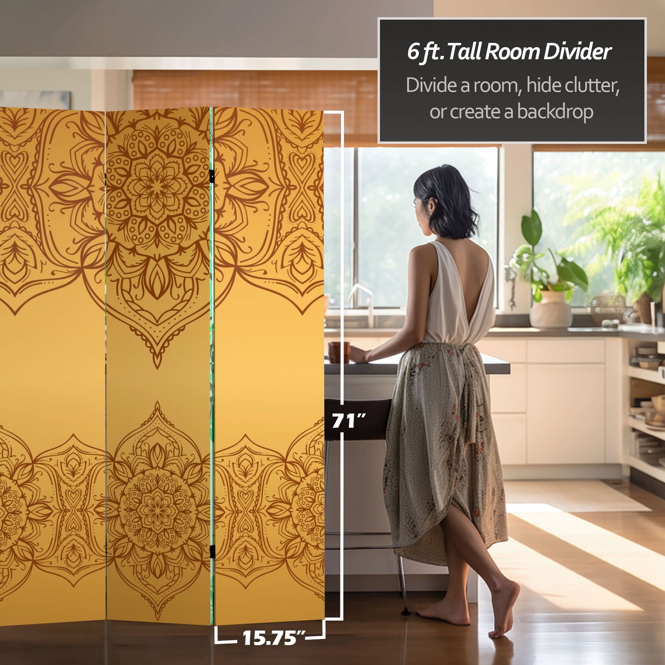 6 ft. Tall Double Sided Gold and Green Mandalas Canvas Room Divider