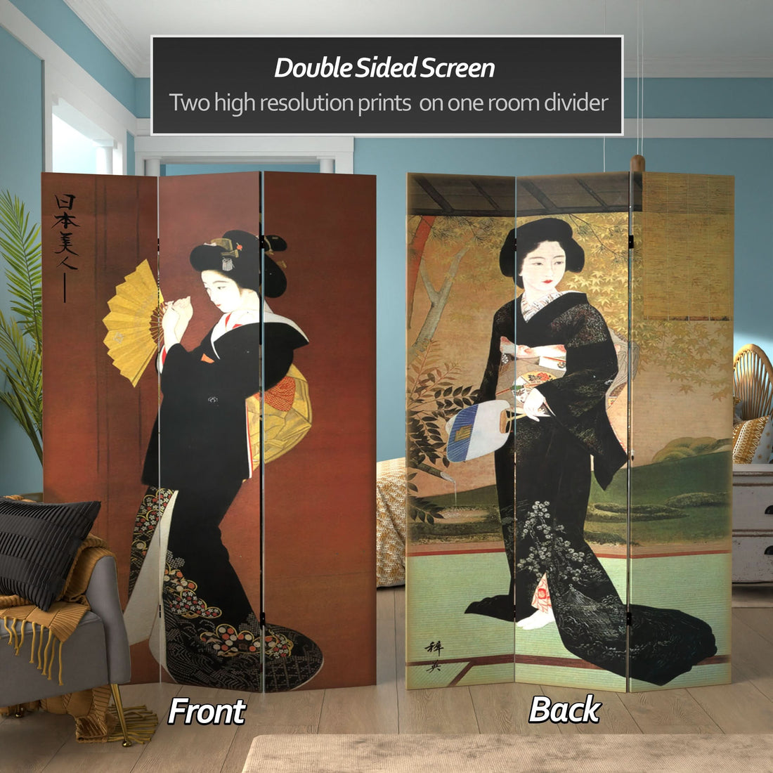 6 ft. Tall Double Sided Japanese Ladies Canvas Room Divider