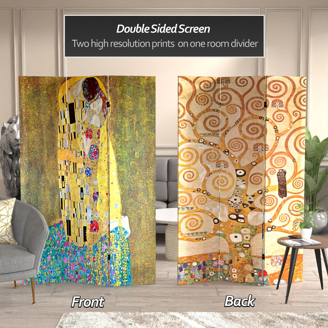 6 ft. Tall Double Sided Works of Klimt Room Divider - The Kiss/Tree of Life