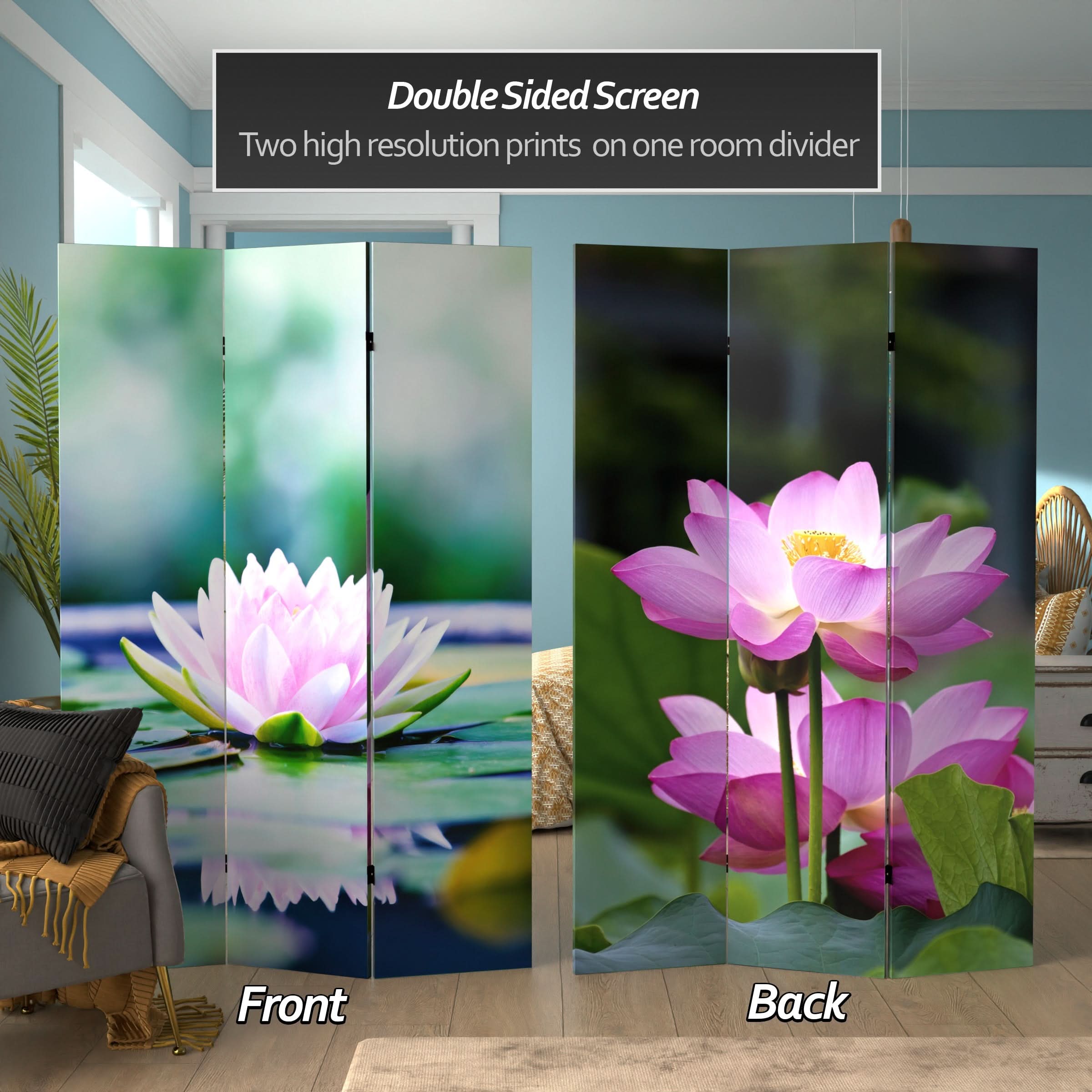 6 ft. Tall Double Sided Lotus Blossom Canvas Room Divider