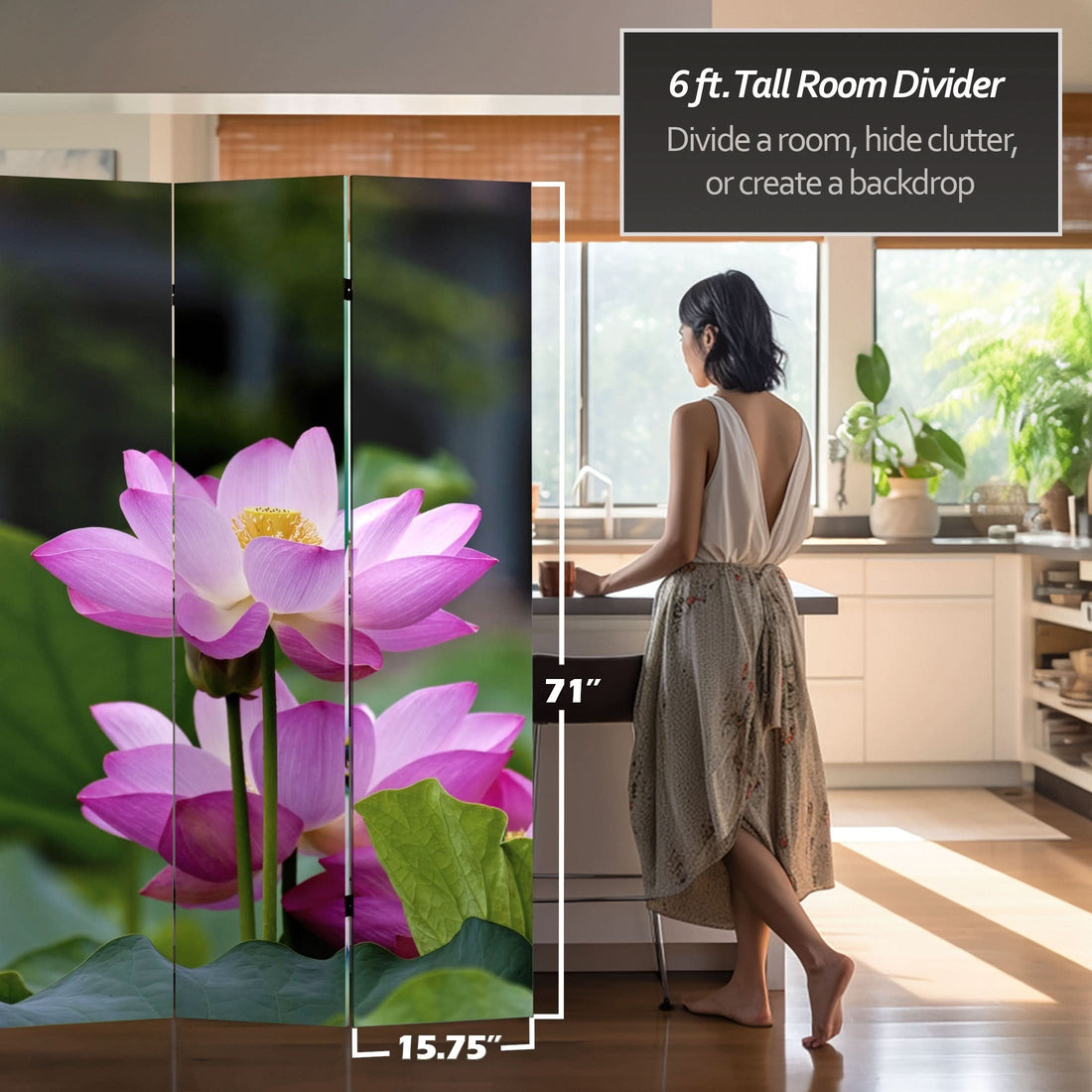6 ft. Tall Double Sided Lotus Blossom Canvas Room Divider