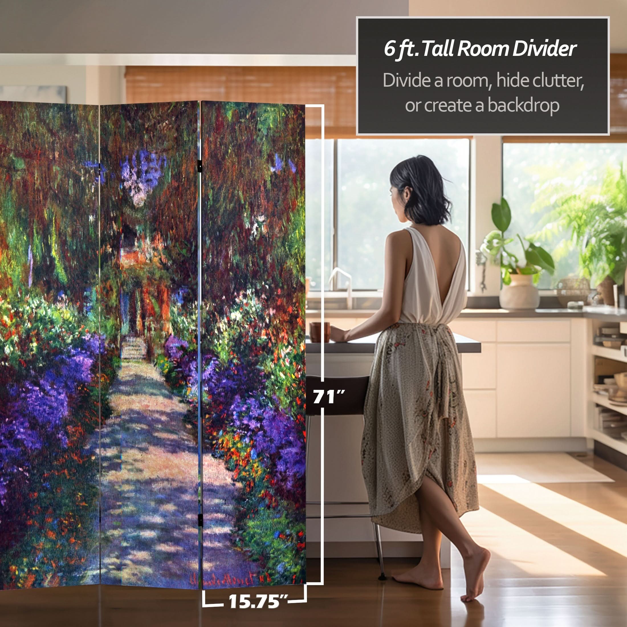 6 ft. Tall Double Sided Works of Monet Canvas Room Divider - Lilies/Garden at Giverny
