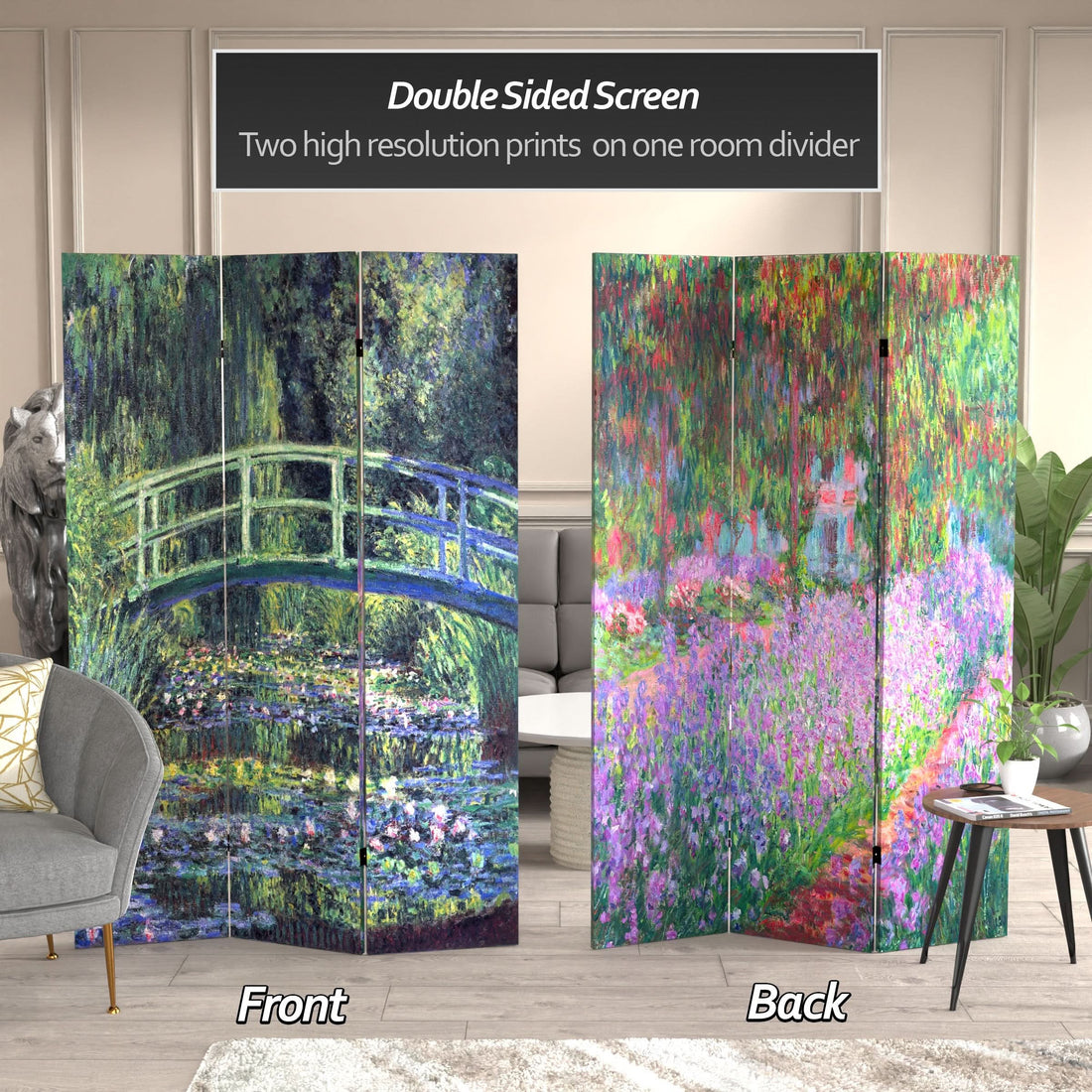 6 ft. Tall Double Sided Works of Monet Canvas Room Divider - Water Lily/Garden