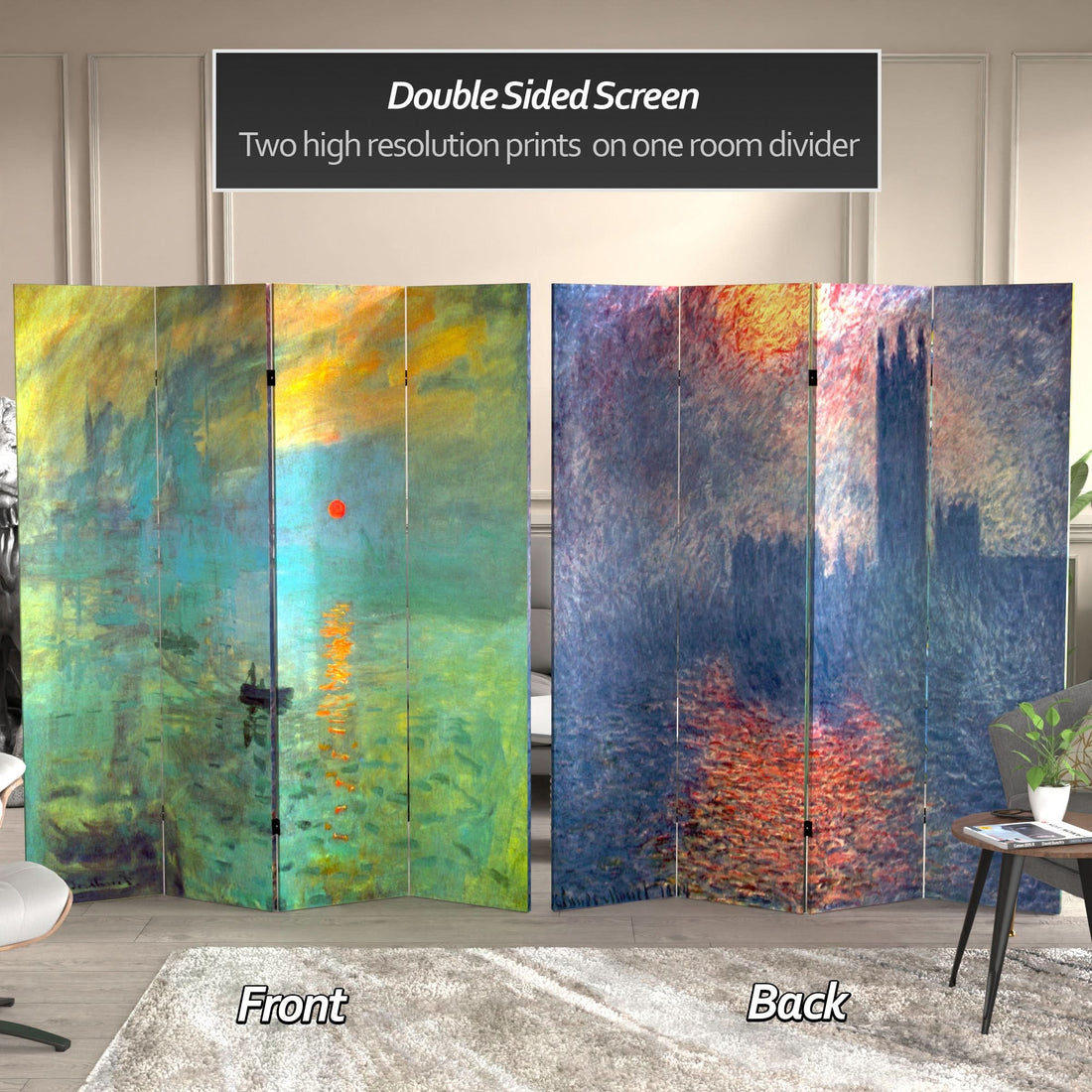 6 ft. Tall Double Sided Works of Monet Canvas Room Divider - Impression Sunrise/Houses of Parliament