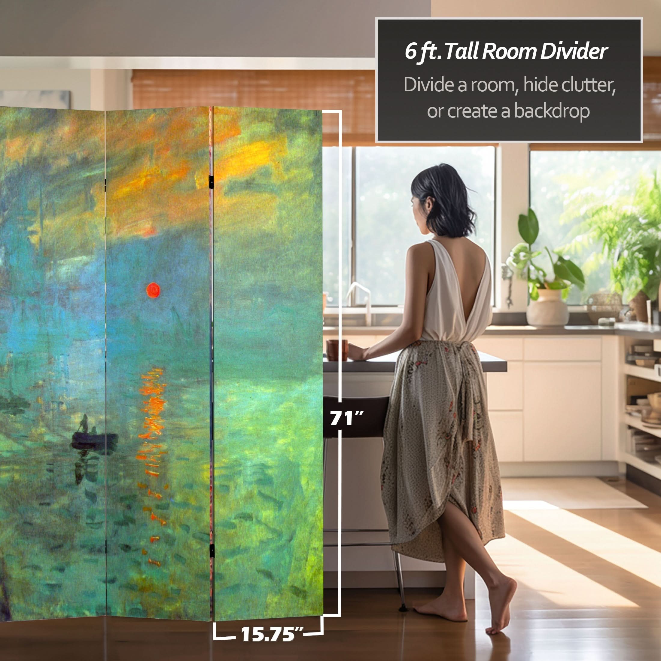6 ft. Tall Double Sided Works of Monet Canvas Room Divider - Impression Sunrise/Houses of Parliament