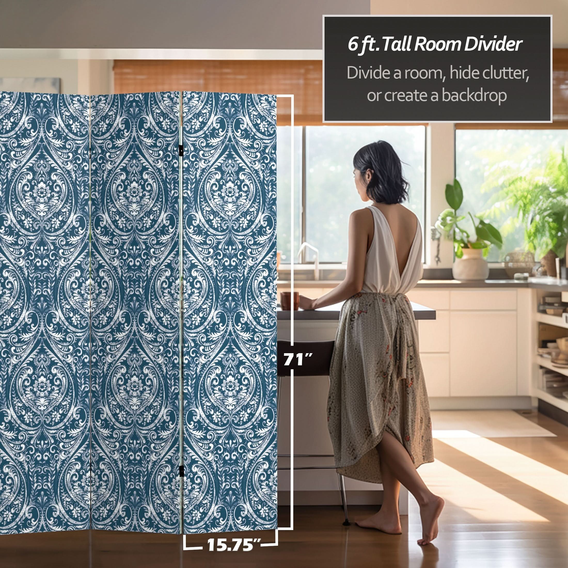 6 ft. Tall Double Sided Ocean Damask Canvas Room Divider