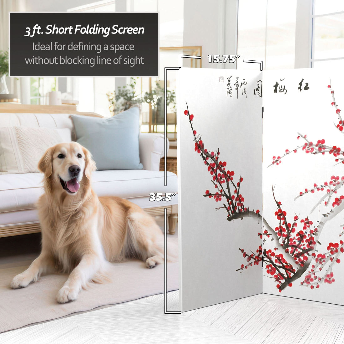 3 ft. Short Double Sided Plum Blossom Canvas Room Divider