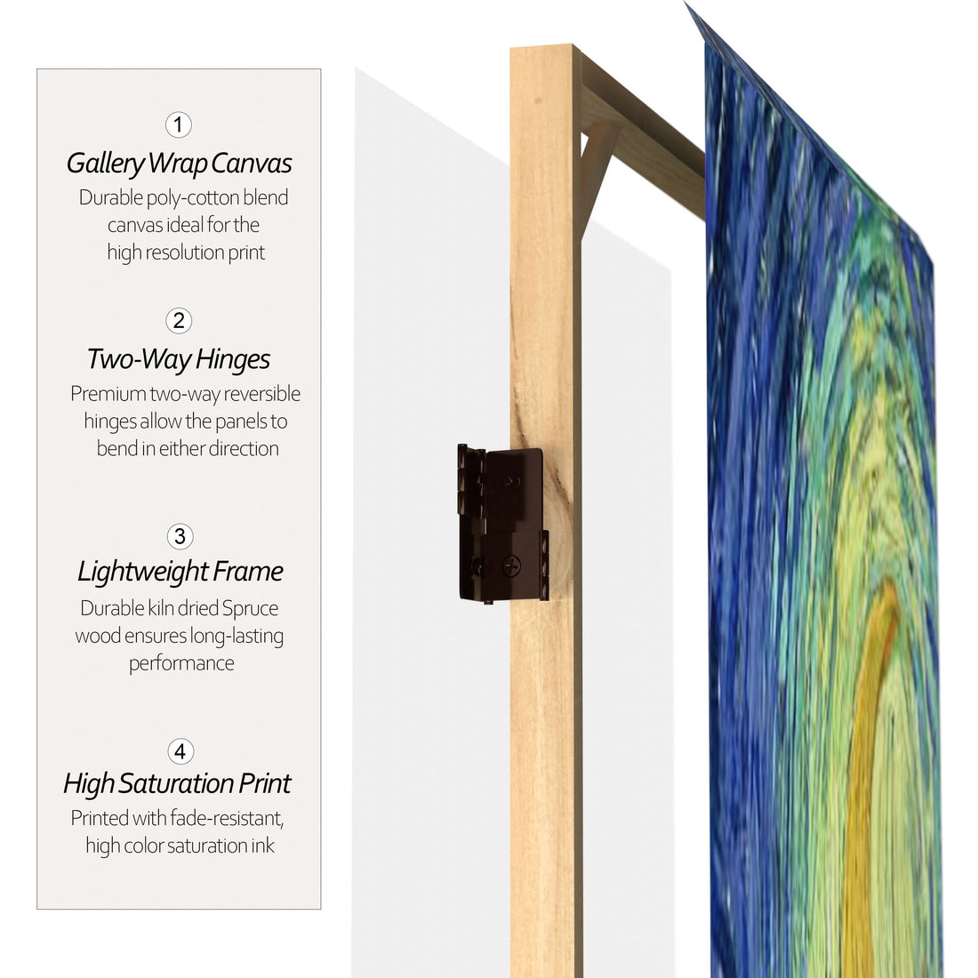 6 ft. Tall Double Sided Works of Van Gogh Canvas Room Divider 4 Panel