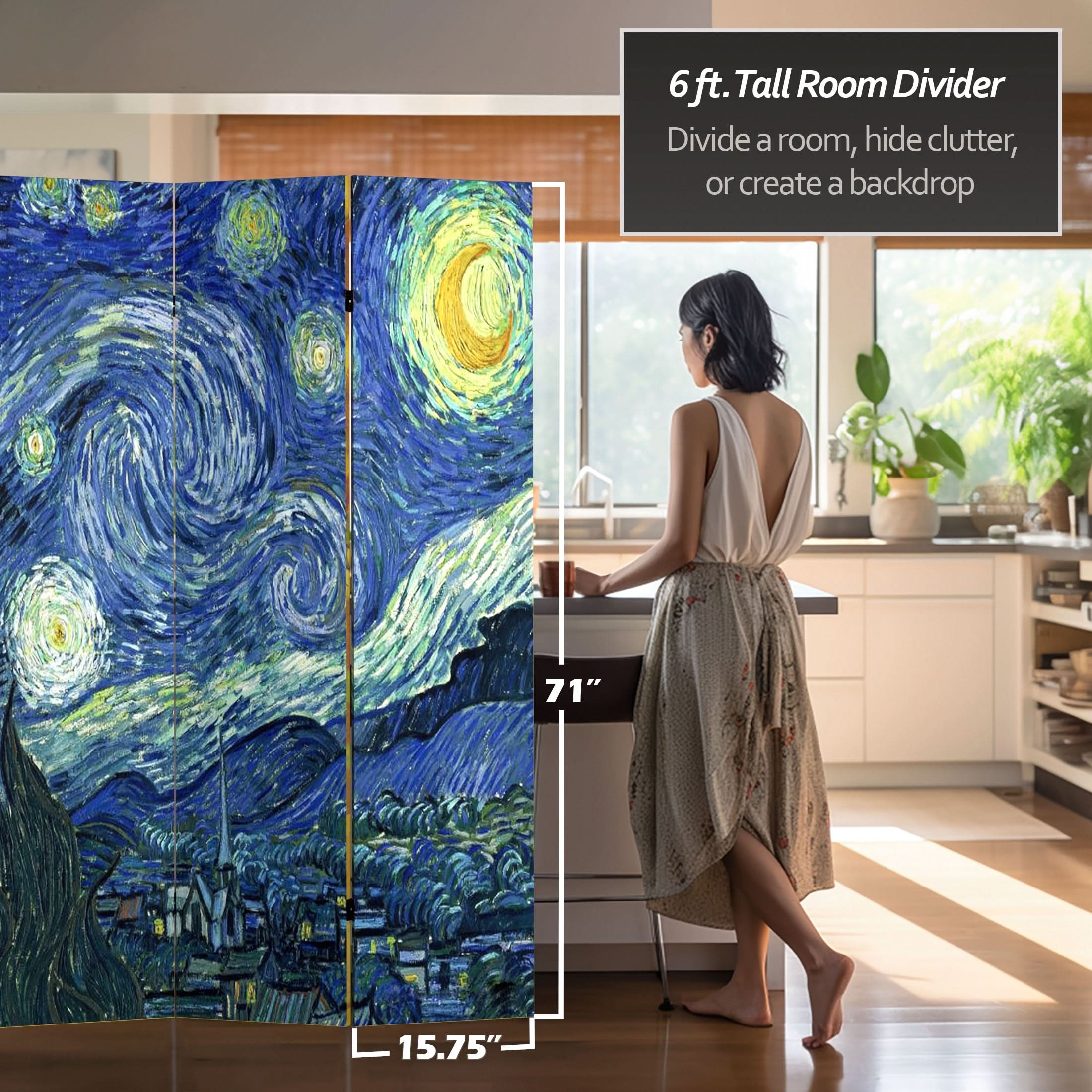 6 ft. Tall Double Sided Works of Van Gogh Canvas Room Divider 4 Panel