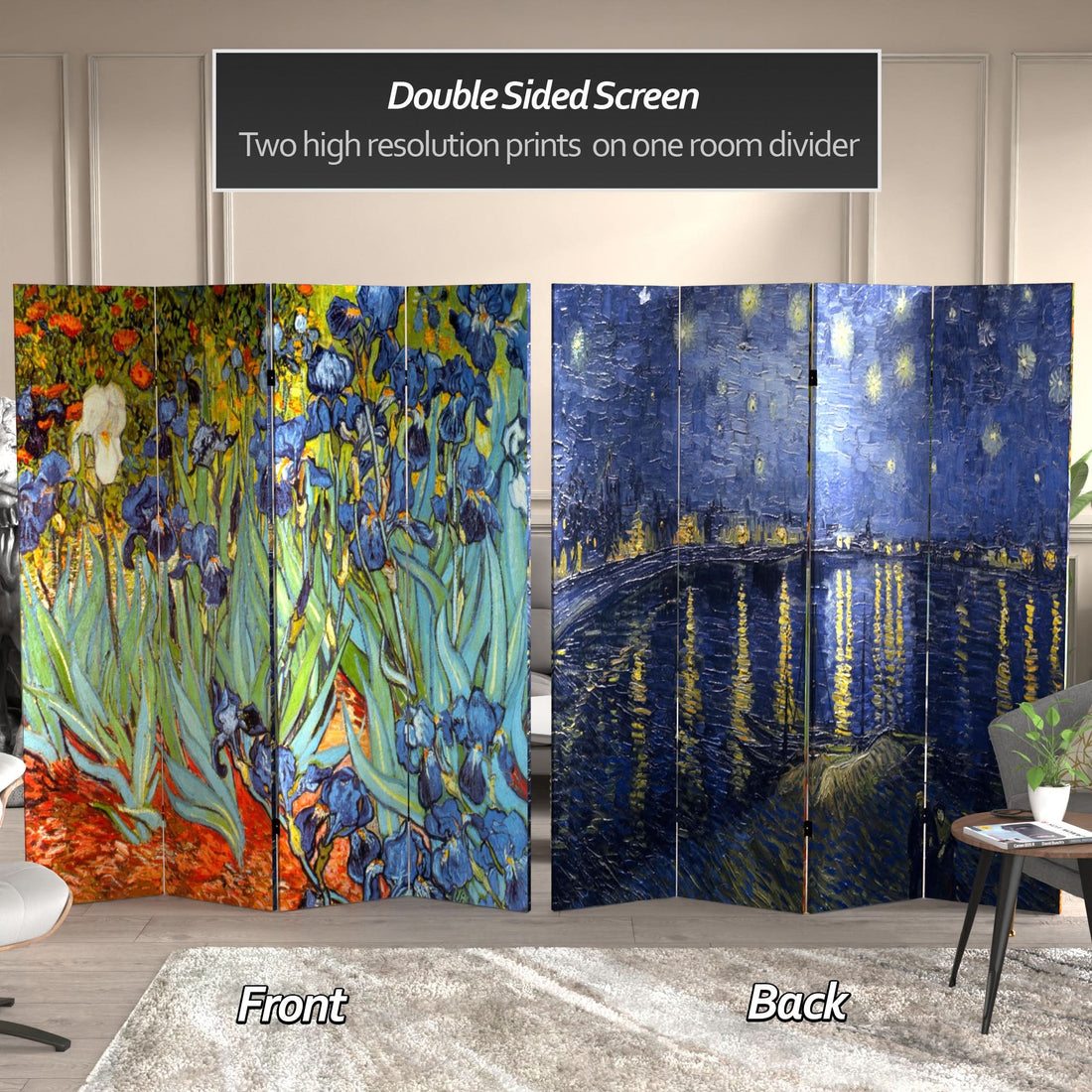 6 ft. Tall Double Sided Works of Van Gogh Canvas Room Divider - Irises/Starry Night Over Rhone