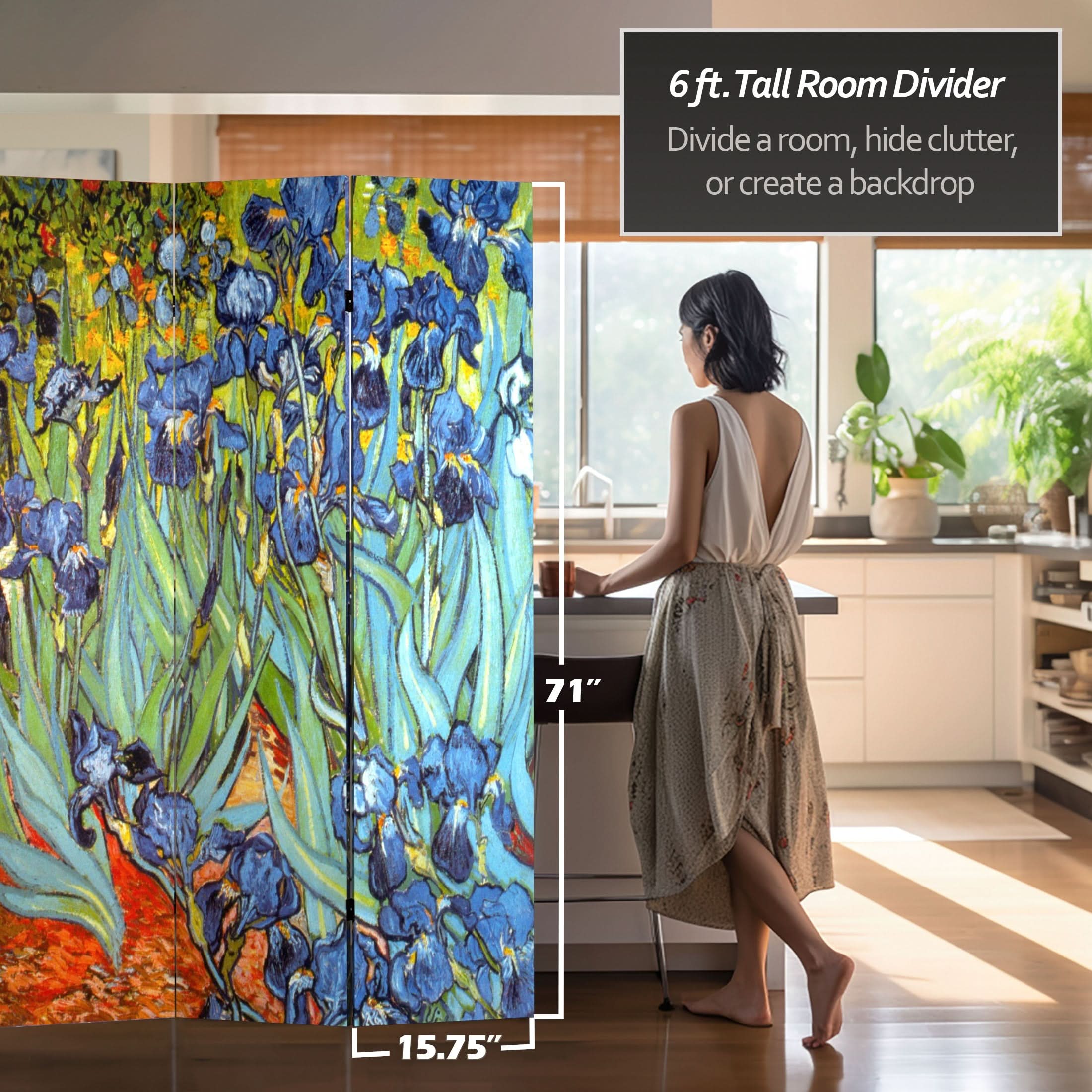 6 ft. Tall Double Sided Works of Van Gogh Canvas Room Divider - Irises/Starry Night Over Rhone