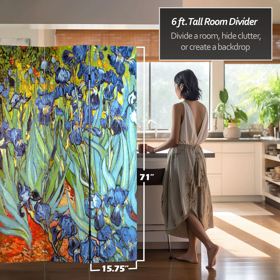 6 ft. Tall Double Sided Works of Van Gogh Canvas Room Divider - Irises/Starry Night Over Rhone
