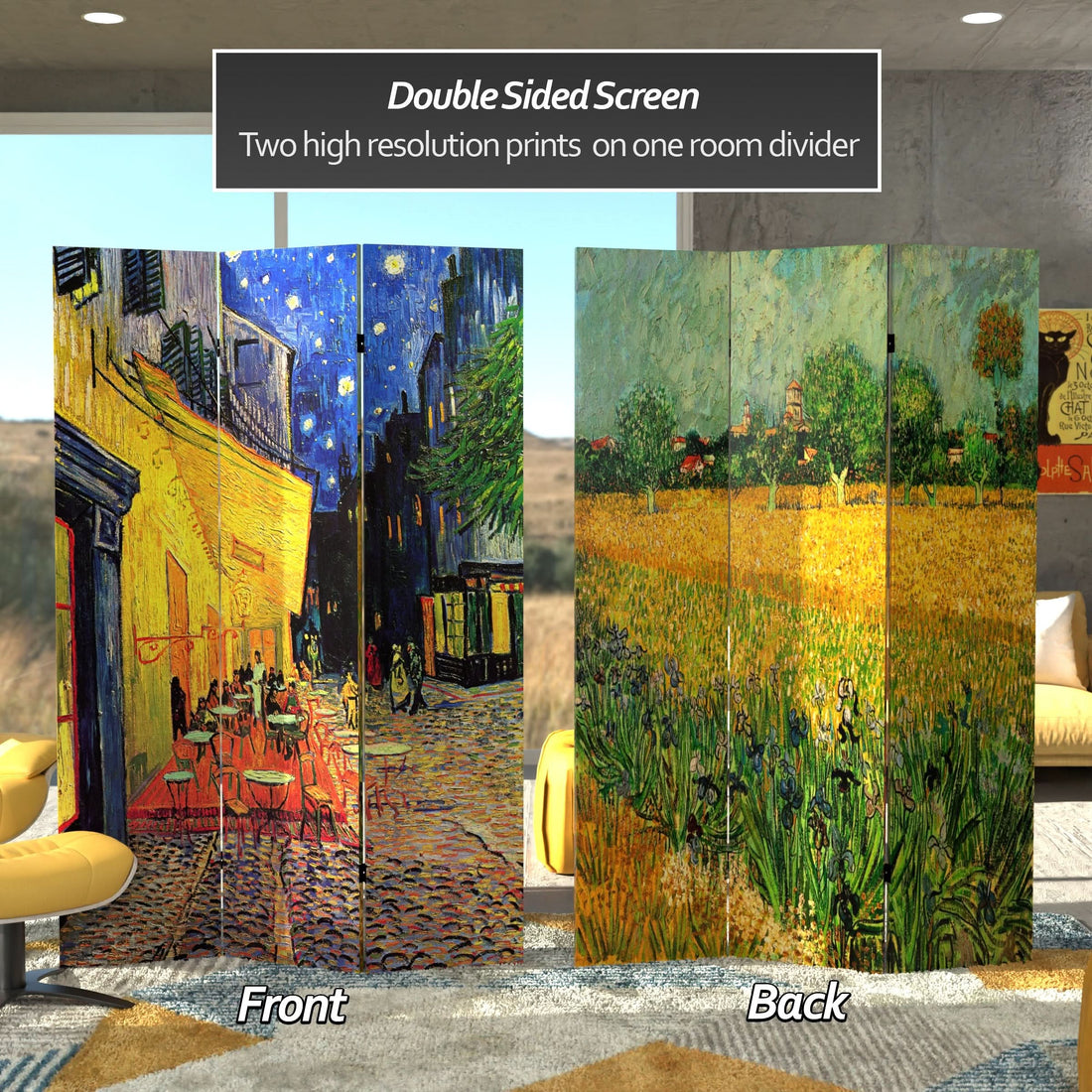 6 ft. Tall Double Sided Works of Van Gogh Canvas Room Divider - Cafe Terrace/View of Arles