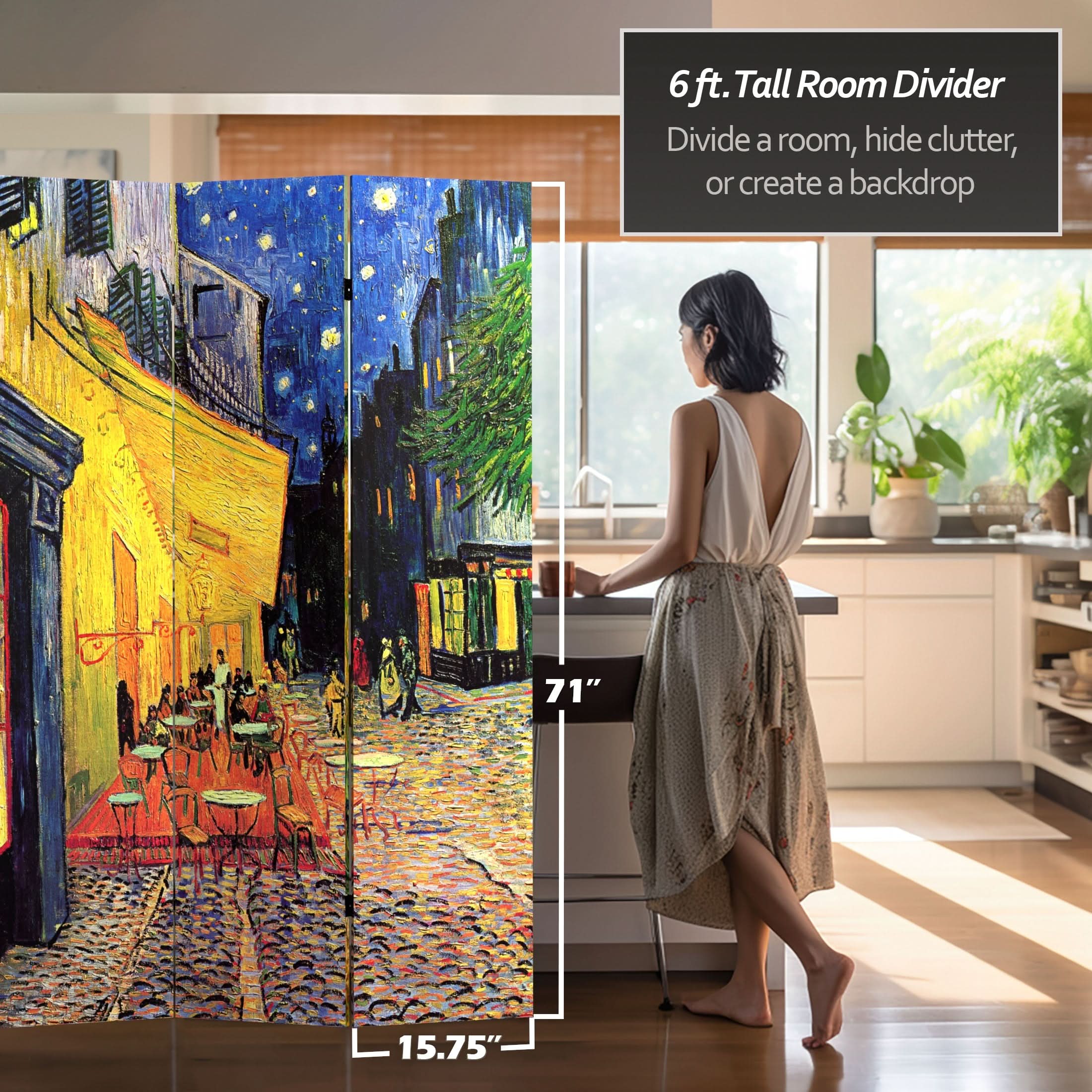 6 ft. Tall Double Sided Works of Van Gogh Canvas Room Divider - Cafe Terrace/View of Arles