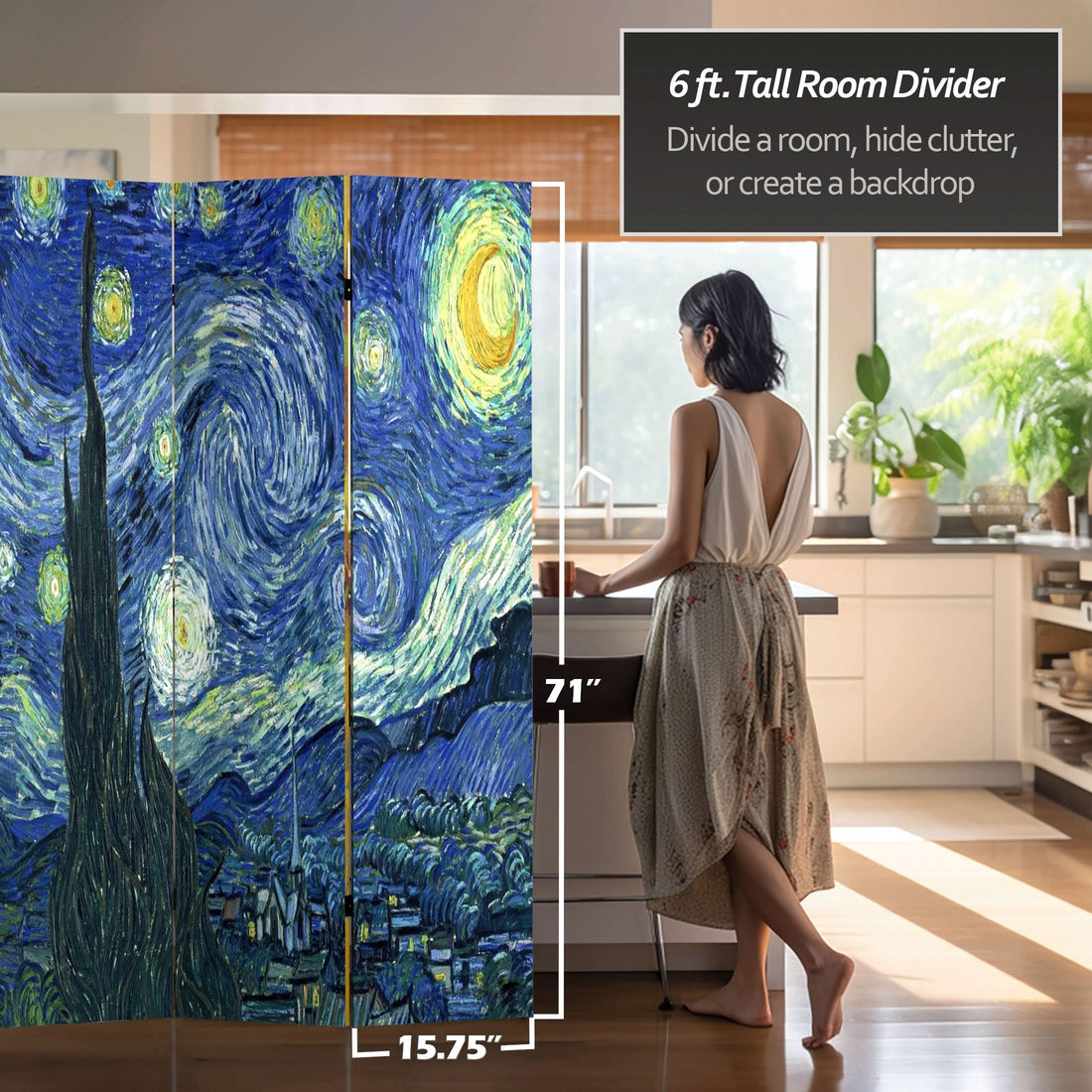 6 ft. Tall Double Sided Works of Van Gogh Canvas Room Divider - Starry Night/Sunflowers