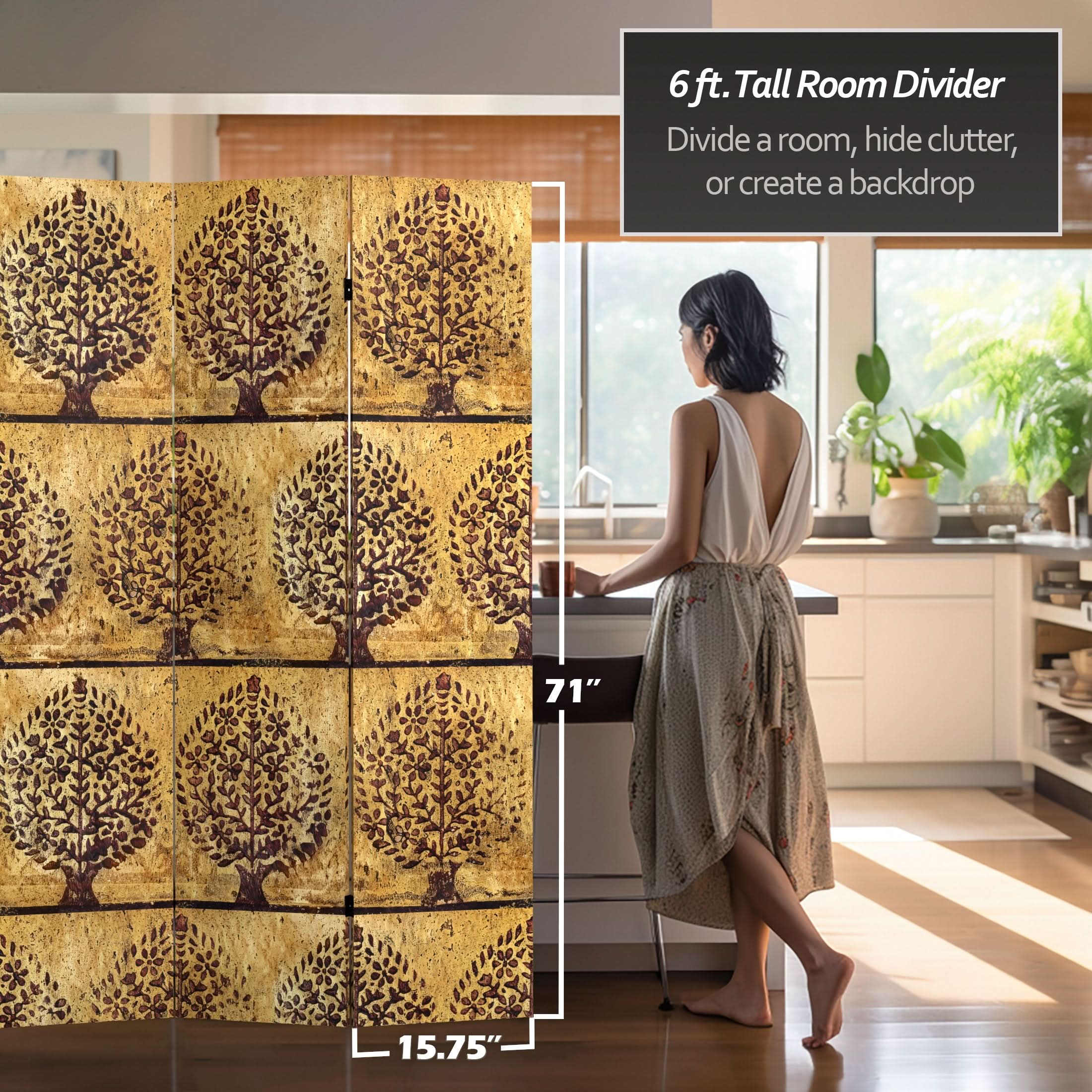 6 ft. Tall Gold Leaf Orchard Canvas Room Divider