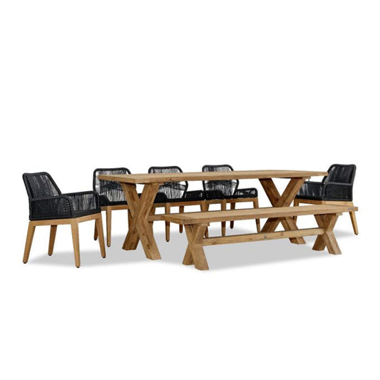  Carl Fields 8 Seat Reclaimed Teak and Rope Dining Set w/ Bench 